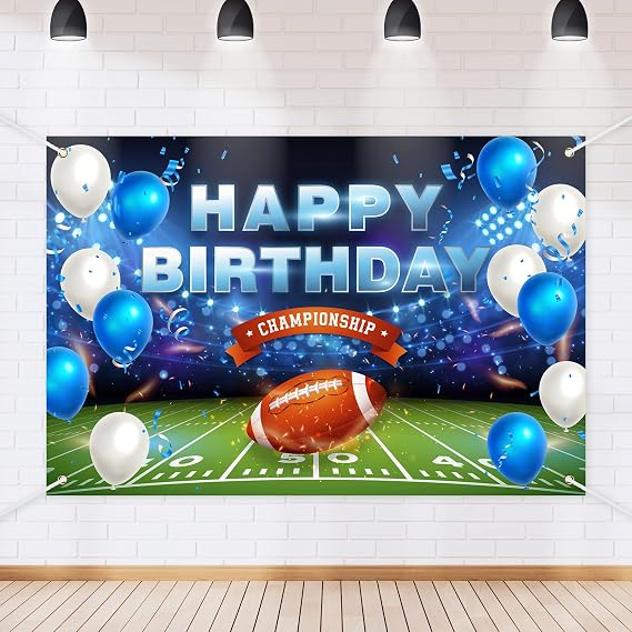 American Football Happy Birthday Backdrop Banner - Super Football Game Sports Theme Background Decor - Multicolor Polyester - 72x43in