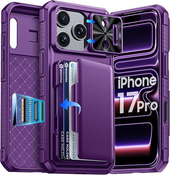 for iPhone 17 Pro Case Wallet, Built-in RFID Blocking Card Holder (4-5 Cards), Camera Control Button, Slide Camera Cover, Shockproof Rugged Silicone Phone Case for iPhone 17 Pro, Purple