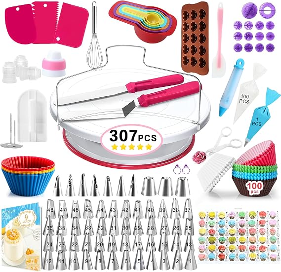 307 Pcs Cake Decorating Supplies Kit -1 Turntable stand-48 Numbered icing tips with pattern chart chart & E.Book-1 Cake Leveler-Straight & Angled Spatula-3 Russian Piping nozzles-Baking tools