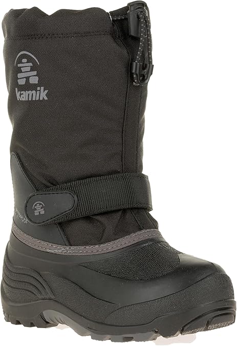 Kamik Waterbug 5 Kids Boots, Black/Charcoal - 1 Little Kid | Warm + Waterproof Kids Boots, Seam-Sealed Nylon Upper,40F Comfort, Removable Liner, Reflective Details