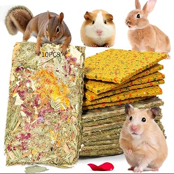 10 Pcs Rabbit Chew Toys 2 in 1 Bunny Treats Timothy Hay Chips with Apple Carrot Herbal Flowers Snack for Guinea Pig Chinchilla Hamster Teeth Grinding Dental Care Small Animal Food