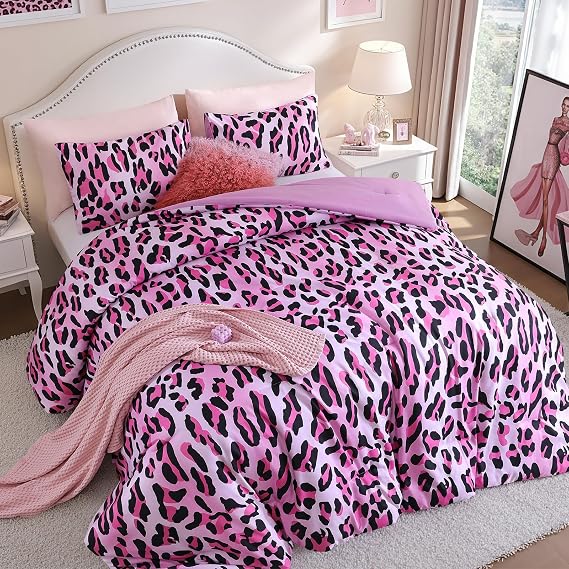 Cheetah Print Comforter Set Full Size, Luxury Leopard Print Bedding, Pink