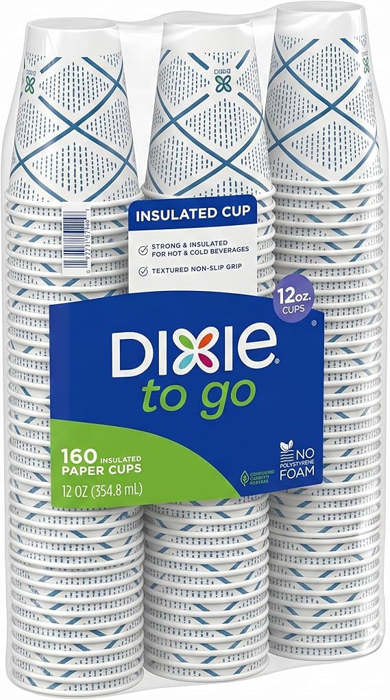 Dixie To Go Paper Coffee Cups 12 oz, 160 Count Disposable Insulated Paper Cups for On-The-Go Hot or Cold Beverages