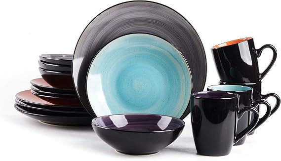 HomeVss Sonoma 16 Piece Stoneware Dinner Set, Samoa, Outside Black + Inside Hand painted Combi Colors of Grey, Orange, Purple and Turquoise) with speckle