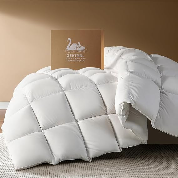 Goose Down Fiber Comforter King Size All Season Naturally Breathable Down Comforters, Luxury Hotel Collection Duvet Insert with 8 Corner Tabs, Cotton Fabric & Baffle Box (White,65oz Fill)