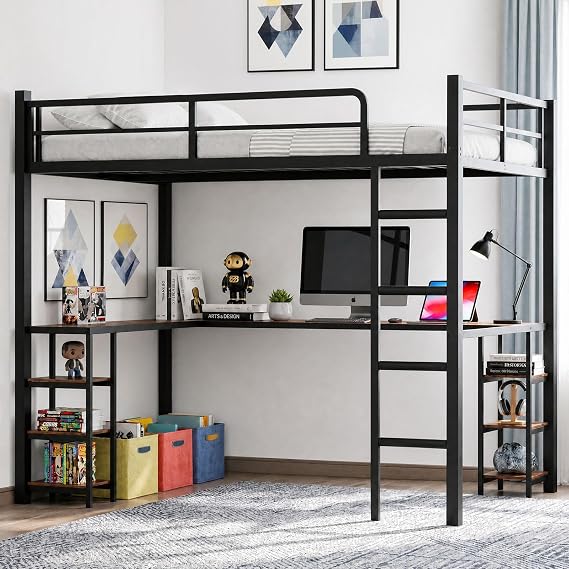 Full Size Loft Bed with Desk, Shelves and Clothes Rack,Black