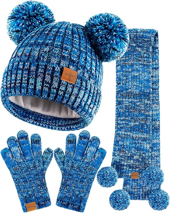 Kids Winter Hat Gloves Scarf Set, Girls Toddler Children Beanie with Pom Knit Neck Warmer Gaiter Mittens Fleece Lined Set