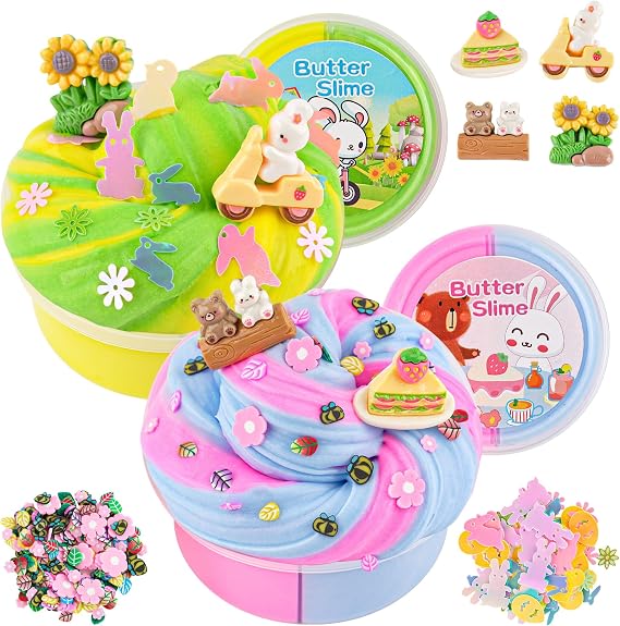 LAWOHO Butter Slime Kit, Two-Toned Butter Slimes with 6 Packs Picnic Add-Ins, Fluffy Slime Kits for Girls & Boys Party Bag Fillers, Birthday Halloween Christmas Easter Gifts, 2X120ML Slime for Kids