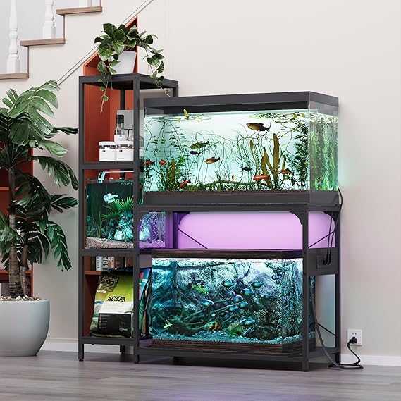 VOWNER 20-29 Gallon Fish Tank Stand with Power Outlet, Aquarium Stand,Black | Shelves for Fish Tank Accessories Storage, Heavy Duty Metal Frame, Turtle Reptile Terrarium Stand, Load 500lb