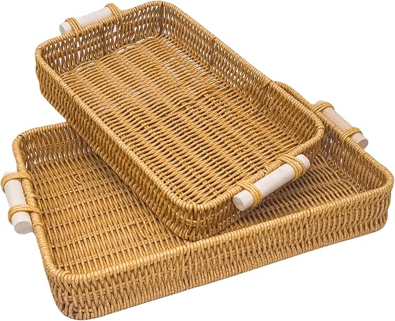 GIB Small Wicker Tray Shallow Basket Woven PP Rattan with Handles, Set of 2