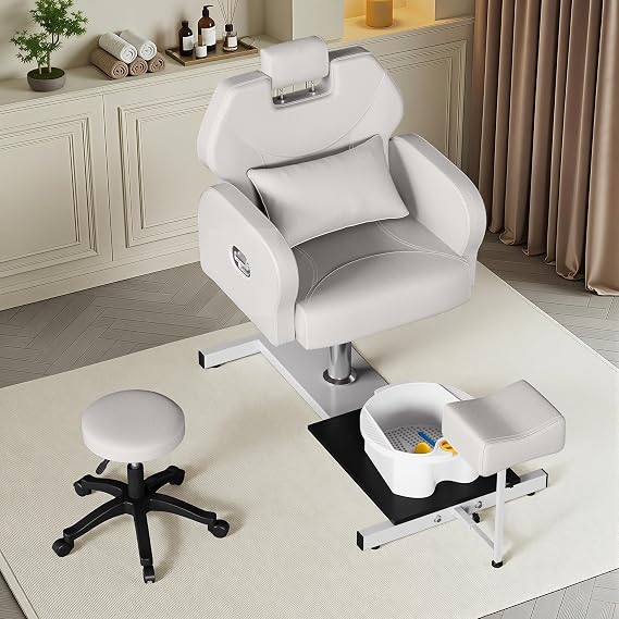 KIGOTY Pedicure Chair No Plumbing for Nail Tech, 360 Swivel Nail Tech Pedicure Chair for Salon with Massage Bath Bowl & Footrest, Height Adjustable Reclining Foot Station Unit, Foot Spa Chairs, White