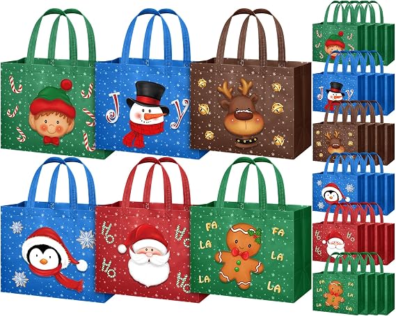 Clysee 24 Pcs Christmas Gift Bags with Handles Non-Woven Large Tote Bags