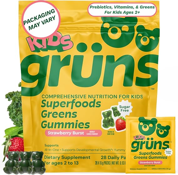Gruns Superfood Gummies Multivitamin for Kids, Sugar Free, 28ct | Daily Multivitamin with Prebiotic Fiber for Kids Ages 2+ with Greens, Vitamins, Minerals