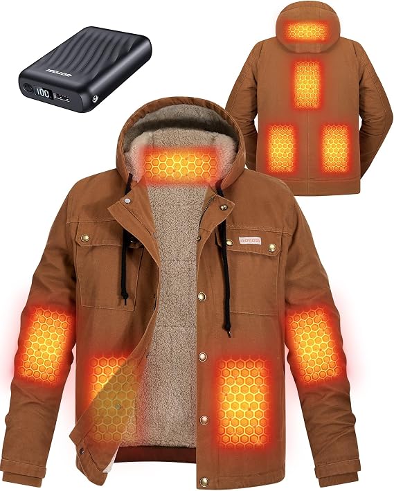 Graphene Canvas Heated Jackets for Men with 12V 18400mAh Battery Pack, Thermal Hooded Work Coat with Sherpa Lining