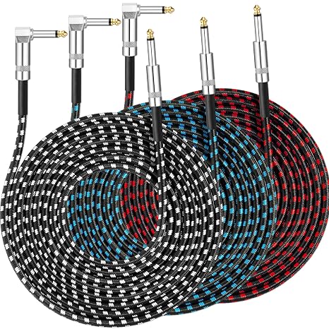 Tomorotec 3-Pack Guitar Cable 3M 10ft, Braided 1/4" Jack Lead for Bass/Amp