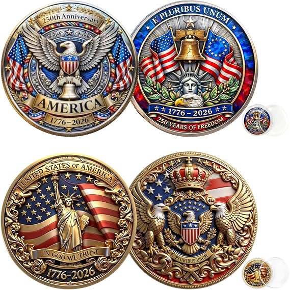 2Pcs America 250th Anniversary Coin 3D Engraved 1776 to 2026 250 Years of Freedom Commemorative Coins American Greatness Coin Gifts for July 4Th Independence Day USA Party D-Day Decoration (Medal)
