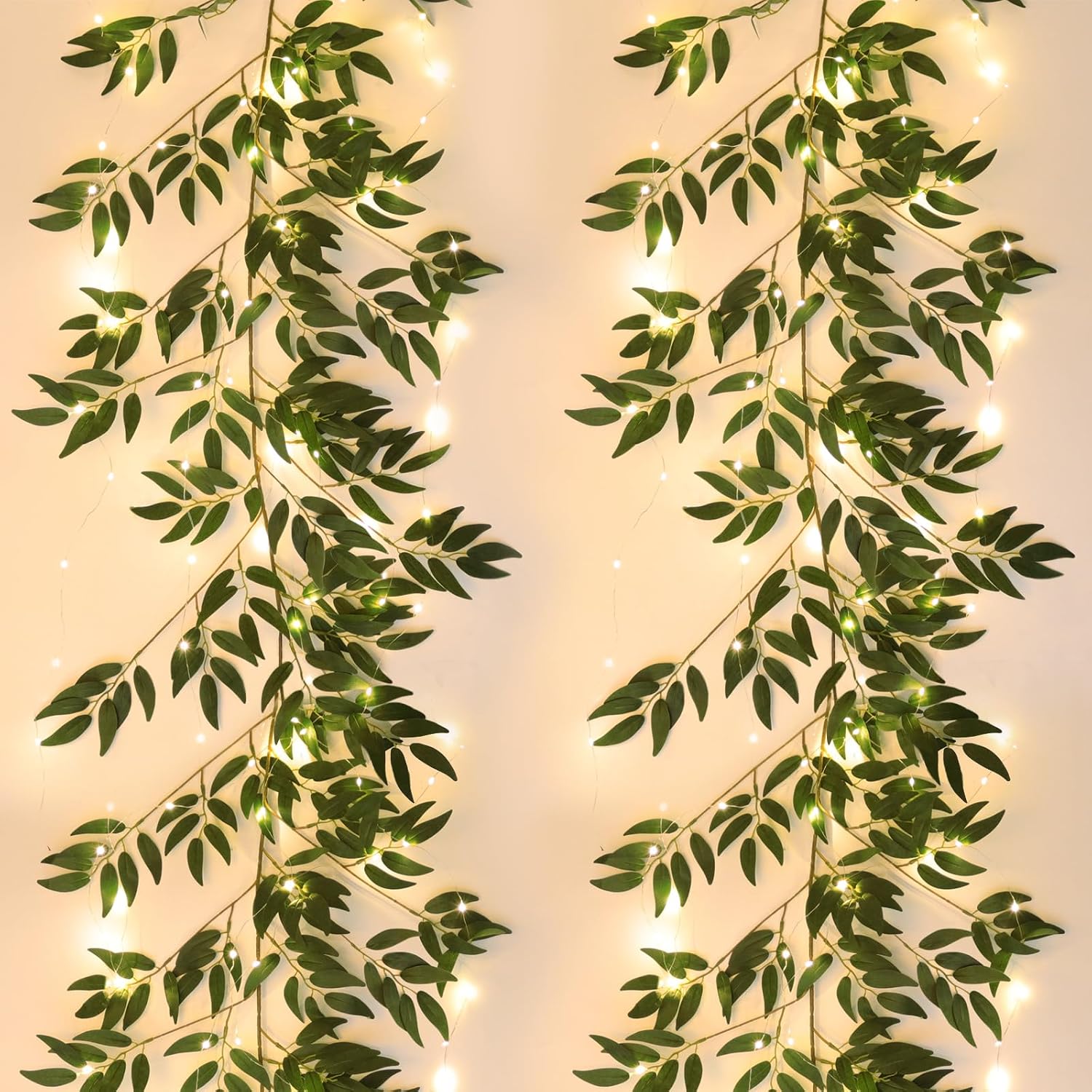 RECUTMS Artificial Hanging Willow Leaves Vine Twigs with Light 2Pc 5.7Ft Fake Silk Green Leaves Ivy Garland Faux Greenery Decoration for Indoor Outdoor Home Wedding Jungle Birthday Party Garden Table