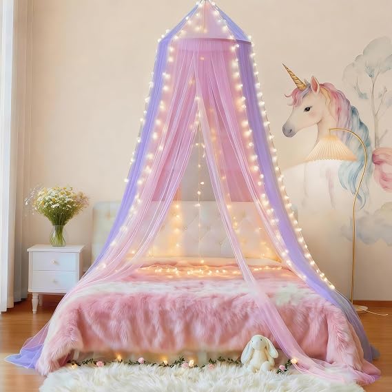 Two-tone Bed Canopy Mosquito Net Pink Purple with Warm Lights, Bed Canopy for Girls Room Decor, Single Door