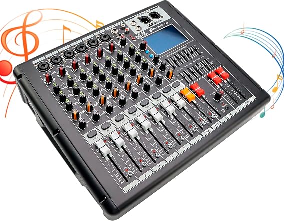 110v-240v Adjustable 8 Channel Audio Mixer, Professional Music Mixing Board, DJ Mixer, Power Mixer Amplifier with 99 Kinds of DSP Reverb Sound Mixers for Recording, Karaoke, Podcasting