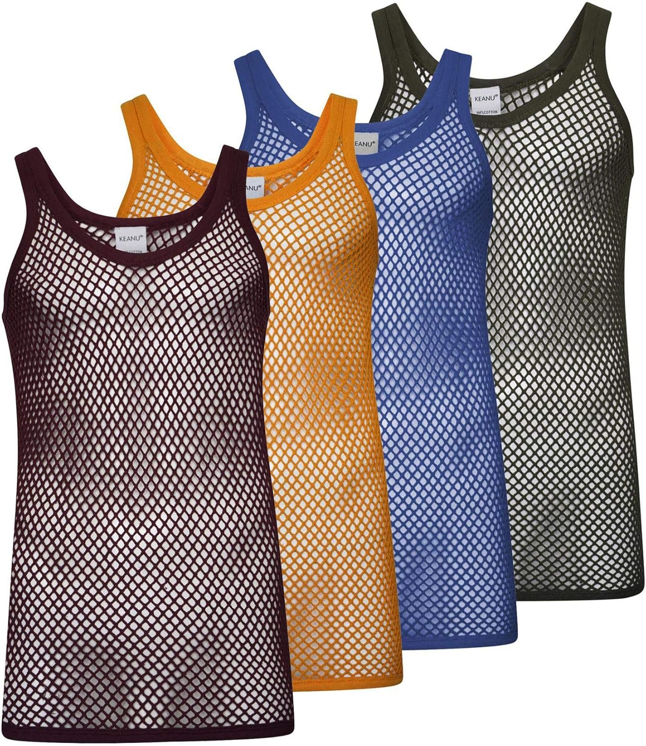 Mens Pack of 4 String Vests | 100% Pure Cotton Fishnet Mesh Vest | Black, White, Red, Green, Blue &amp; Yellow | Sizes S -XL