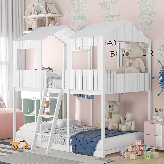 Full Over Full Bunk Bed, Wood Full Bunk Bed with Roof, Window, Guardrail & Ladder, White