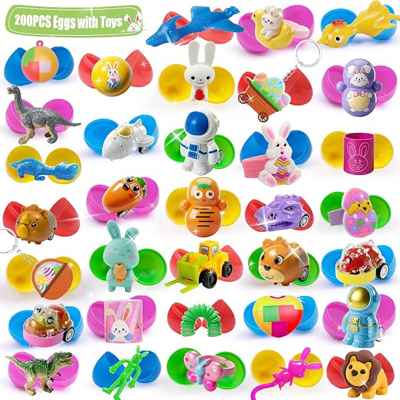 SQZUWIT 200 Pcs Prefilled Easter Eggs Filled with Toys Inside for Kids Boys Girls Pre-filled Easter Hunt Basket Stuffers Essentials Fillers Party Favors Classroom Prize Supplies