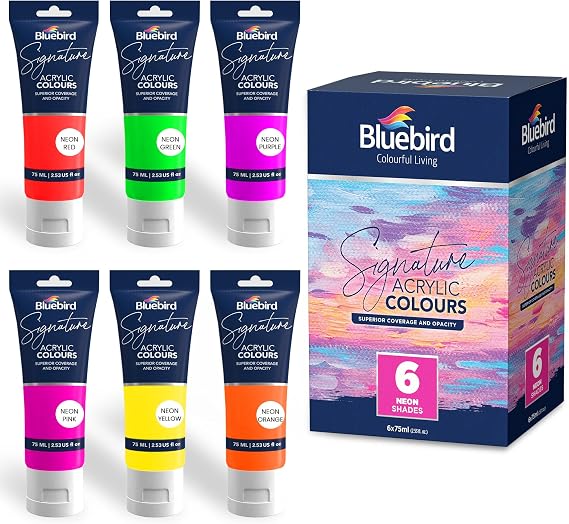 BLUEBIRD Signature Neon Acrylic Paint Set, Fluorescent Colors, 6-Pack 2.5 Fl Oz Tubes, Heavy Body, Acrylic Paints For Professionals, Students, Adults, Artists