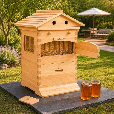 Flow Hive Beehive Starter Kit, 7 Auto Flow Frames Wax Coated Wood Bee House with Observation Window, Automatic Honey Flowing Bee Hives Boxes for Backyard Beekeeping, Complete Easy Harvest Kit