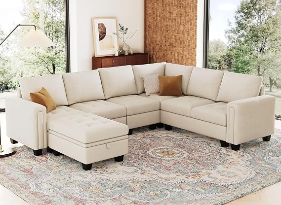 Belffin Modular Sectional Sofa Couch 7-Seater Convertible Sectional Sofa Velvet Modular Sectional with Storage Ottoman L Shaped Couch with Chaises Beige