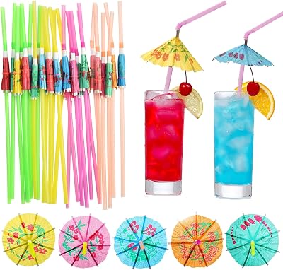 Haundry 24pcs Umbrella Straws, Long Cocktail Umbrella Party Straws, Plastic Drinking Straws for Tropical Summer Beach Luau Tiki Hawaiian Party Decorations, Umbrella