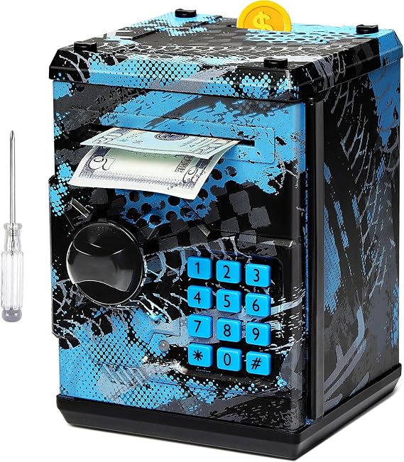 ATM Piggy Bank for Boys Girls, Vcertcpl Mini ATM Coin Bank Money Saving Box with Password, Kids Safe Money Jar for Adults with Auto Grab Bill Slot, Great Gift Toy Bank for Kids