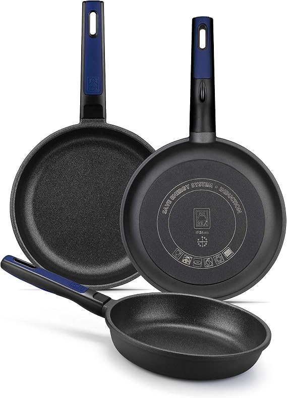 Braisogona Advanced Set of 3 Frying Pans 20-24-28 cm, Aluminium and Bakelite, Black, All Cookers Including Induction.