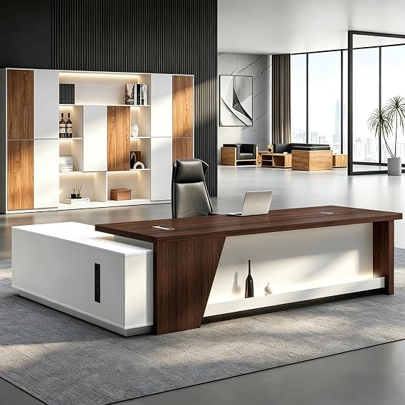 Executive L Shaped Office Desk, 1'' Thick Tabletop, Solid Wood Board, with Side cabinets and Wire Holes, Drawer with Lock, for Executive Desks,Boss Table,Computer Desk,Home Office Furniture