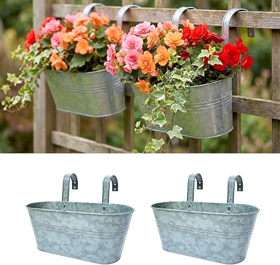 LaLaGreen Hanging Rail Planter (11.2 in, 2 Pack) Silver Metal Fence Pot | Outdoor railing planter for balcony deck fence, metal iron hanging bucket, plant holder hooks, patio porch decor pots