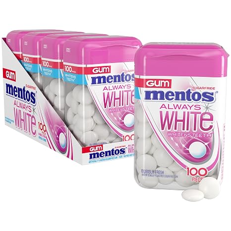 Mentos Always White Bubble Fresh Gum with Xylitol, 100 ct Bottle (4 Pack)
