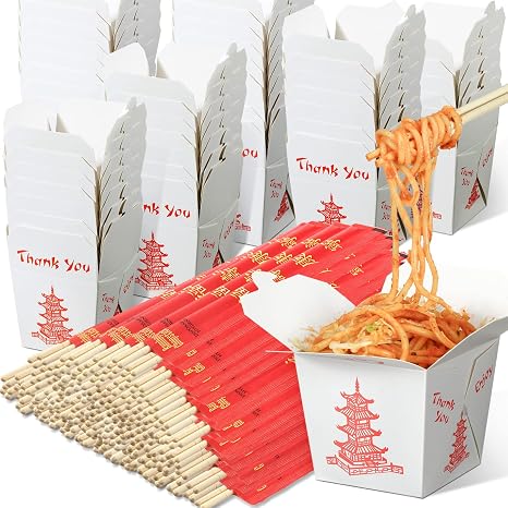 Sabary 50 Sets 8 oz Chinese Take Out Boxes with Disposable Chopsticks