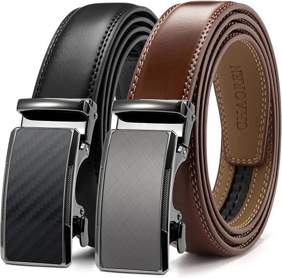 CHAOREN Leather Ratchet Belt Men 2 Pack - Adjustable Fit Dress Belt