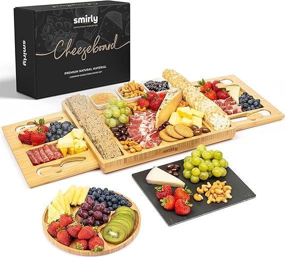 SMIRLY Bamboo Charcuterie Board Set with Cheese Knives, Serving Accessories | Housewarming and Wedding Gift with Hidden Storage, Ideal for Movie Nights, Family Gatherings and Entertaining Guests