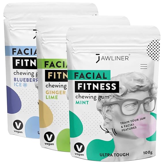 Jawliner Fitness Chewing Gum 15X Harder Jawline Gum Sugar Free Mint, Ginger Lime and Blueberry Ice Jaw Gum Includes 12 Weeks Coaching Jawline Exerciser for Shaping the Jaw (6 Months Pack of 3 Flavor)