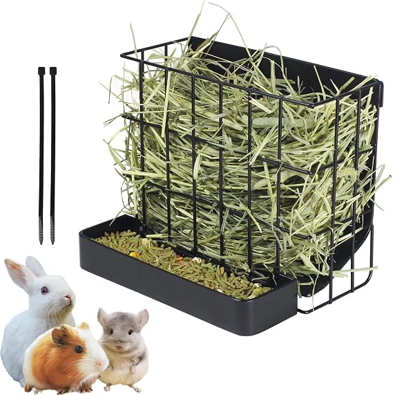 Rabbit Hay Feeder Guinea Pig Hay Holder with Hook Heavy-Duty Metal,Internal Sloping Design,Hay Feeder for Bunny,Rabbit,Chinchillas, with Two Multifunctional Zippers