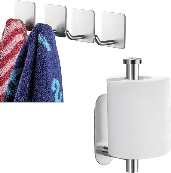 YIGII Self Adhesive Toilet Paper Holder+ Brushed Adhesive Towel Hook 4 Packs Stainless Steel Bathroom Hook