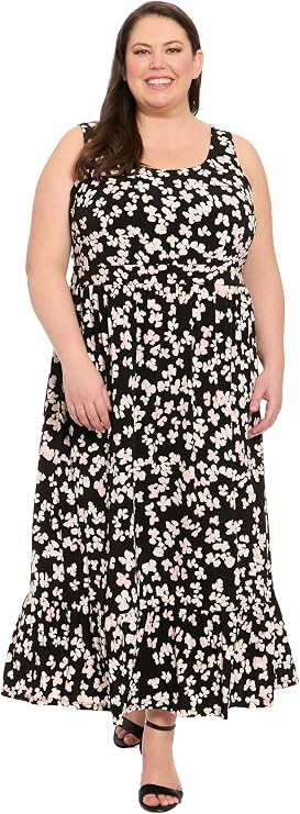 London Times Women's Women's Sleeveless Scoop Neck Tiered Maxi - Floral Print Empire Waist A-line Summer Dress