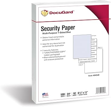 DocuGard Standard Blue Multi-Purpose Security Paper - Fraud Prevention - 2 Security Features - Laser & Inkjet Printer Compatible - 8.5" x 11 - 24 lb - 500 Sheets (04540)