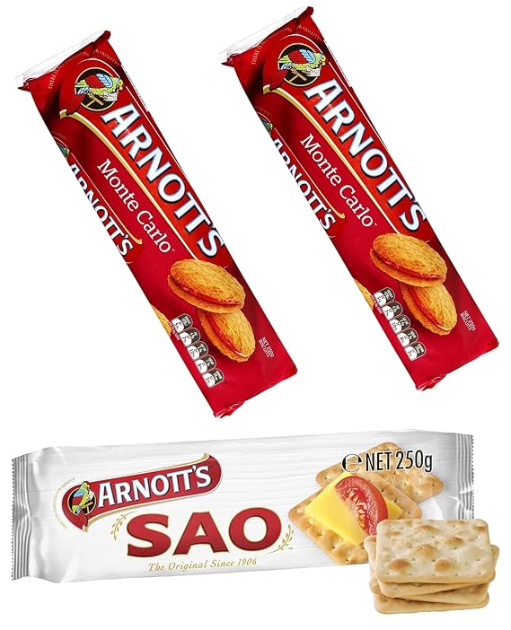 Combo - Monte Carlo Jam & Cream Biscuits, SAO Cracker Biscuits (Value 3 Packs) Aussie Made & Loved, Great For Family Snacking