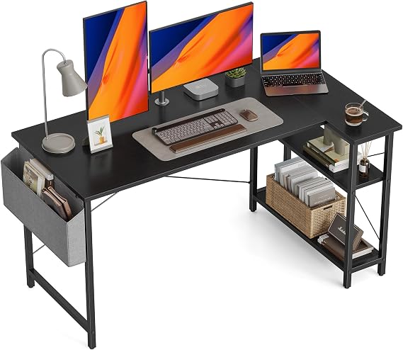 CubiCubi L Shaped Gaming Desk, 120x70 cm Computer Desk with Storage Bag, Small Writing Table with Large Reversible Storage Shelves, Workstation for Study Play Work Home Office, Black