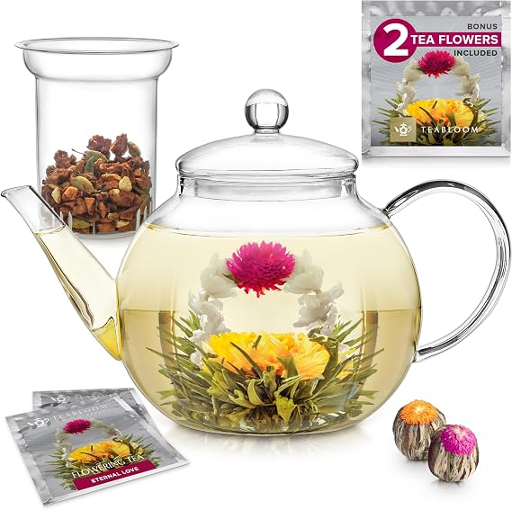 Teabloom Stovetop & Microwave Safe Glass Teapot with Removable Loose Tea Glass Infuser Includes 2 Blooming Teas 2-in-1 Tea Kettle and Tea Maker Tea Purist's Choice