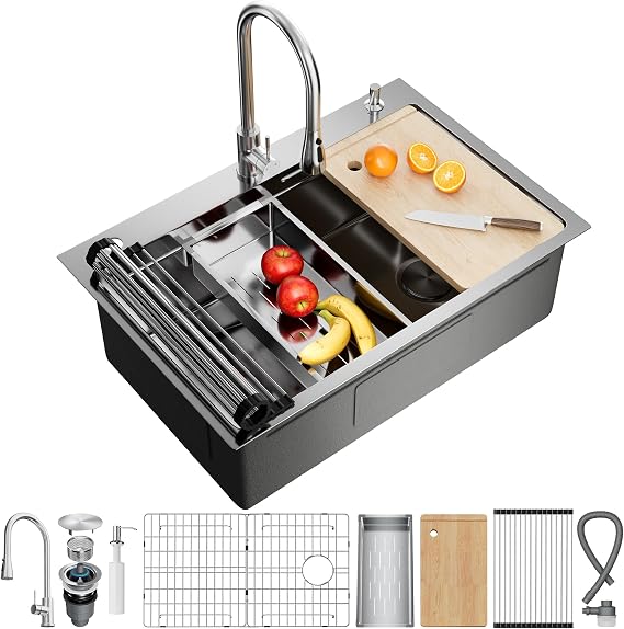 CAMMOO 33X22 Drop In Kitchen Sink, 304 Stainless Steel Workstation Sink