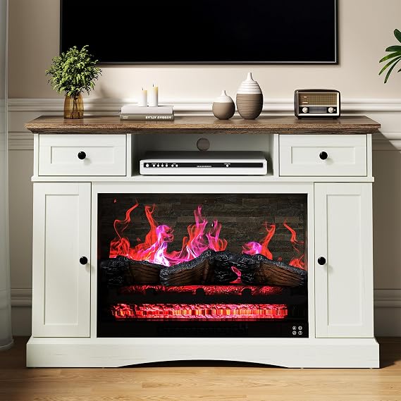 FansaFurn TV Stands with 28'' Electric Fireplace, Media Console Table with Adjustable Shelves & Double-Door, Entertainment Center for TVs up to 55'' for Living Room, White and Rustic Oak