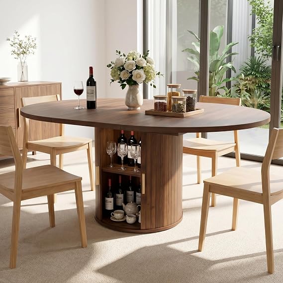 110-150cm Extendable Round Dining Table for 4-8 with Hidden Storage, Walnut | Farmhouse Wooden Oval Dining Table with Round Base and Removable Table Plate, Space Saving for Dining Room, Kitchen