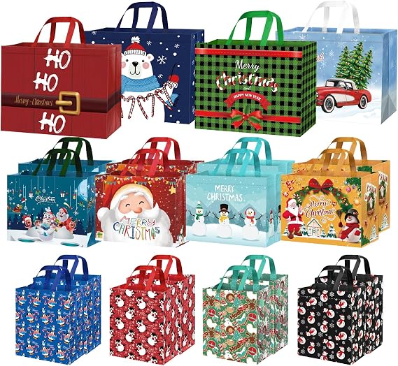 Xylitic 20 Pack Christmas Gift Bags Assorted Sizes, Reusable Non-Woven Tote Bags, Xmas Shopping Bags with Handles, for Christmas Treat Bags, Gifts Wrapping, Xmas Party Favors, 4 Large 8 Medium 8 Small